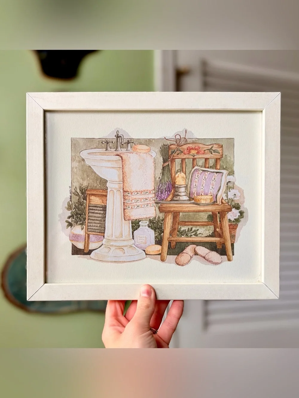 Framed Vintage Still Life Woman's Bathroom Scene Lavendar, Sink, Slippers